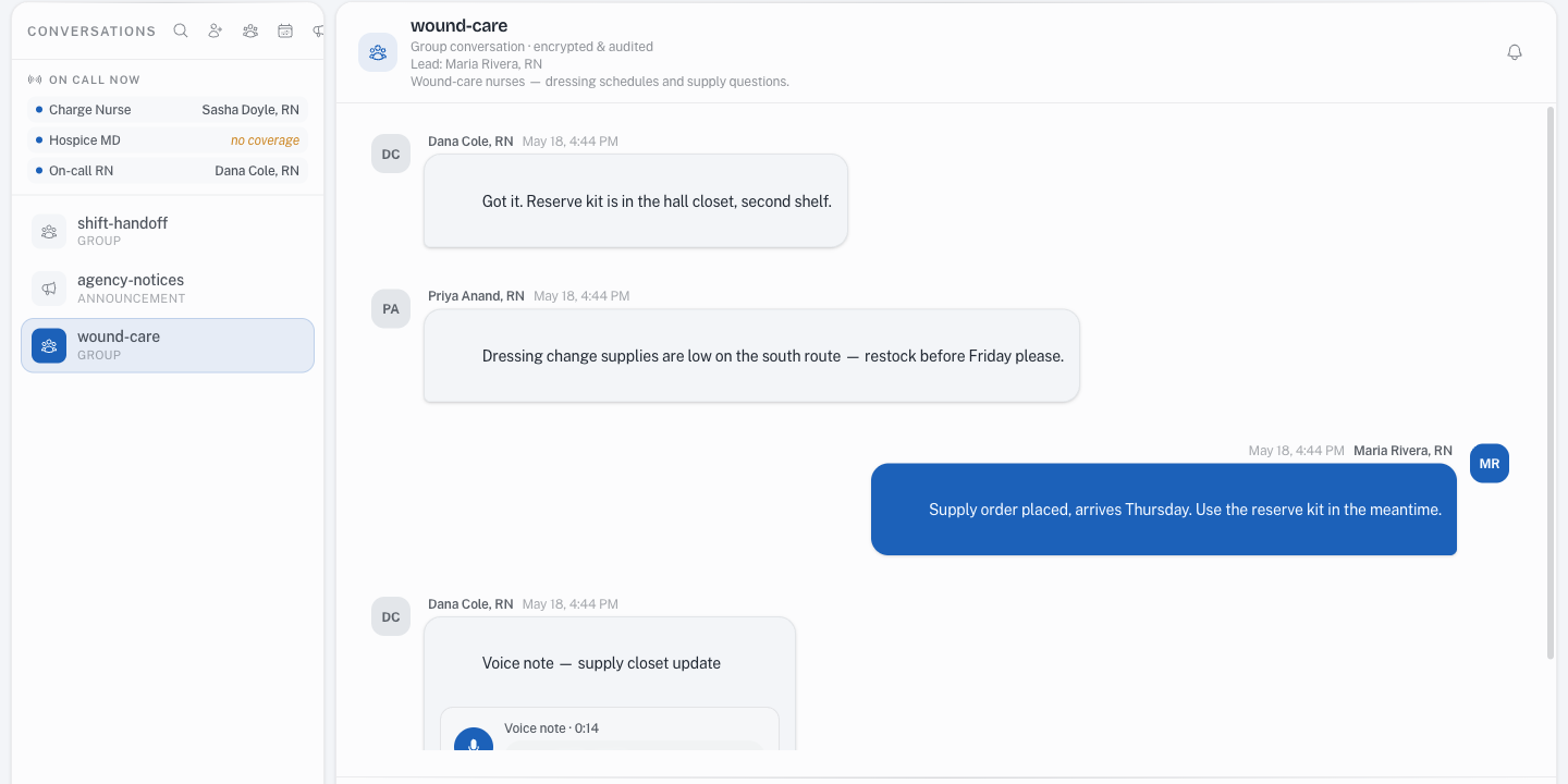 A group channel open in Rounds, showing the channel header and a thread of messages.