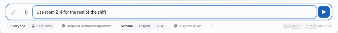 The Rounds message composer with the Expires control open, showing duration options.