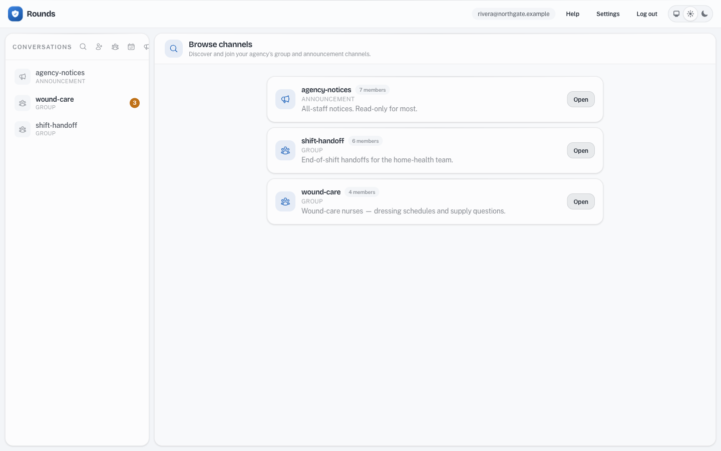 The Rounds Browse channels page listing group and announcement channels with descriptions, member counts, and an Open button on each.