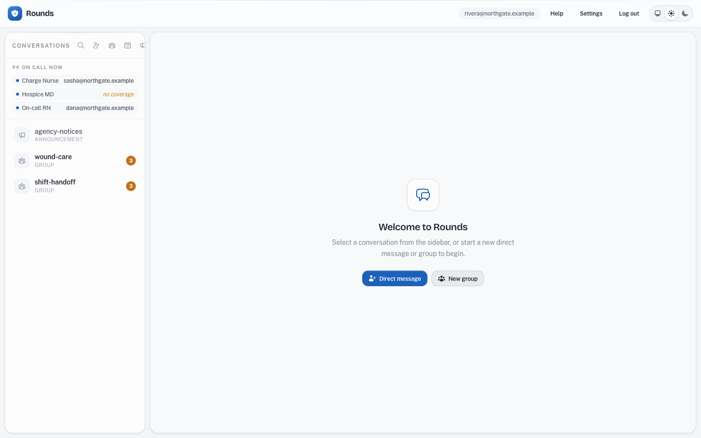 The Rounds chat workspace — the top navigation bar, the channel list on the left, and the main conversation area.