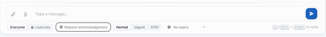 The Rounds composer control strip with the Request acknowledgement button highlighted.