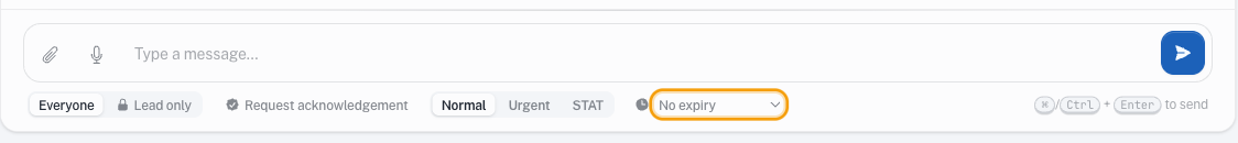 The Rounds composer control strip with the No expiry dropdown highlighted.
