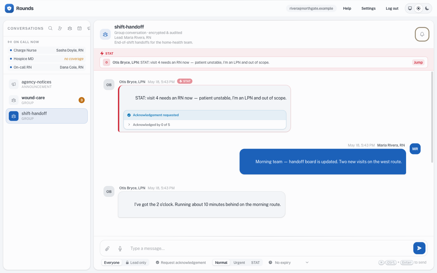A Rounds conversation with the bell notification icon in the channel header highlighted.