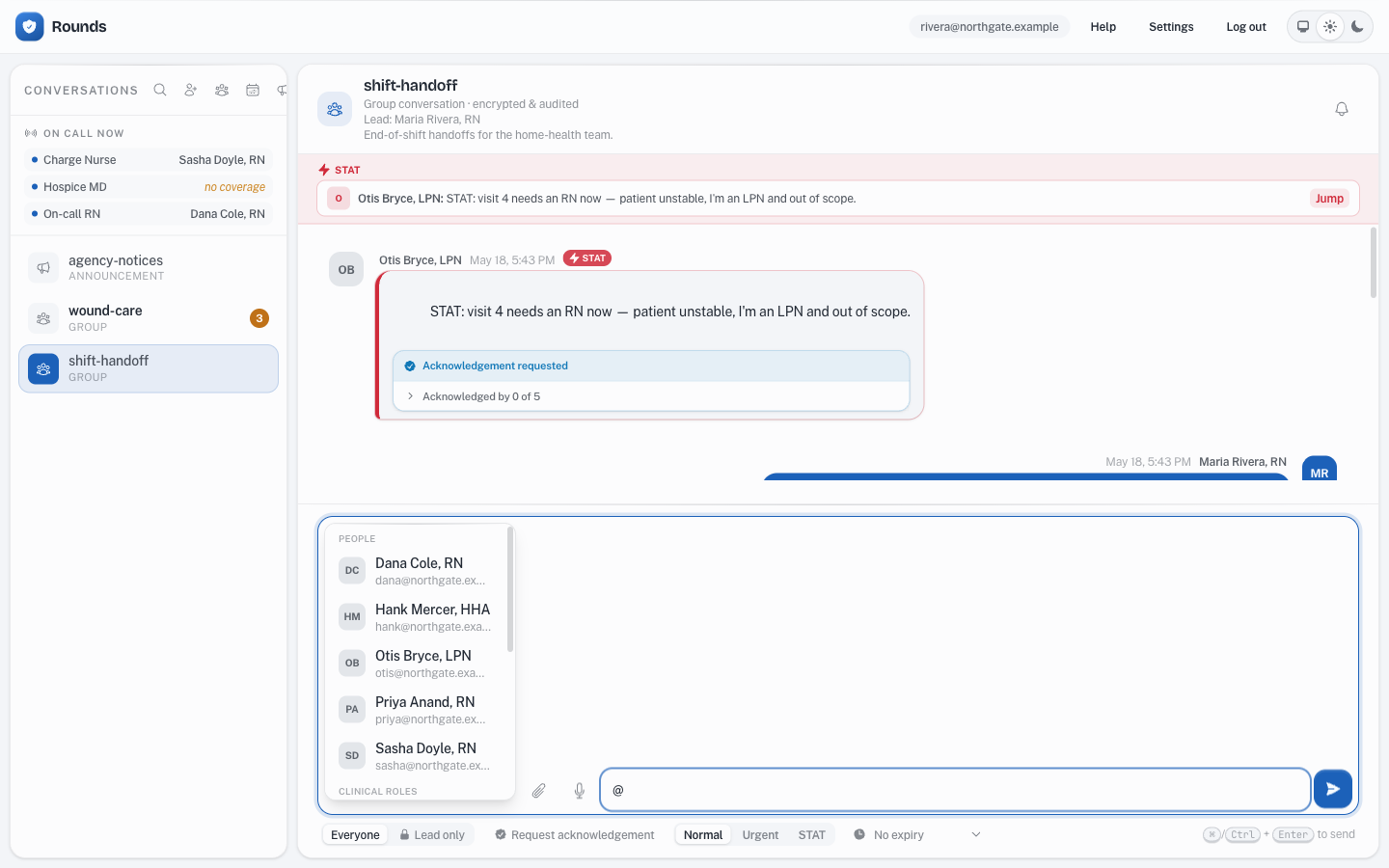 The Rounds composer with the @-mention autocomplete open, listing people and clinical roles.