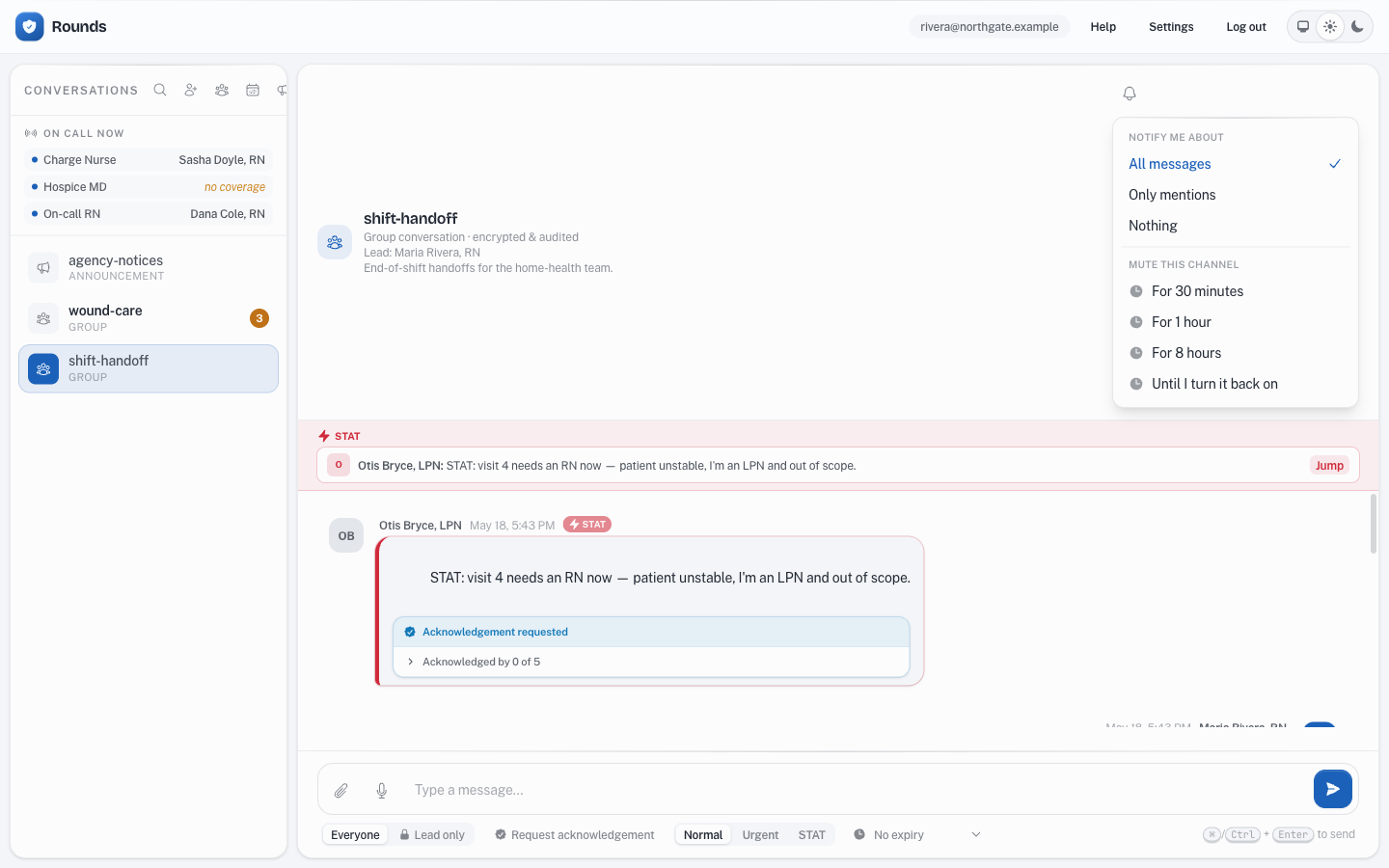 The Rounds per-channel notification popover, with notification levels and mute presets.