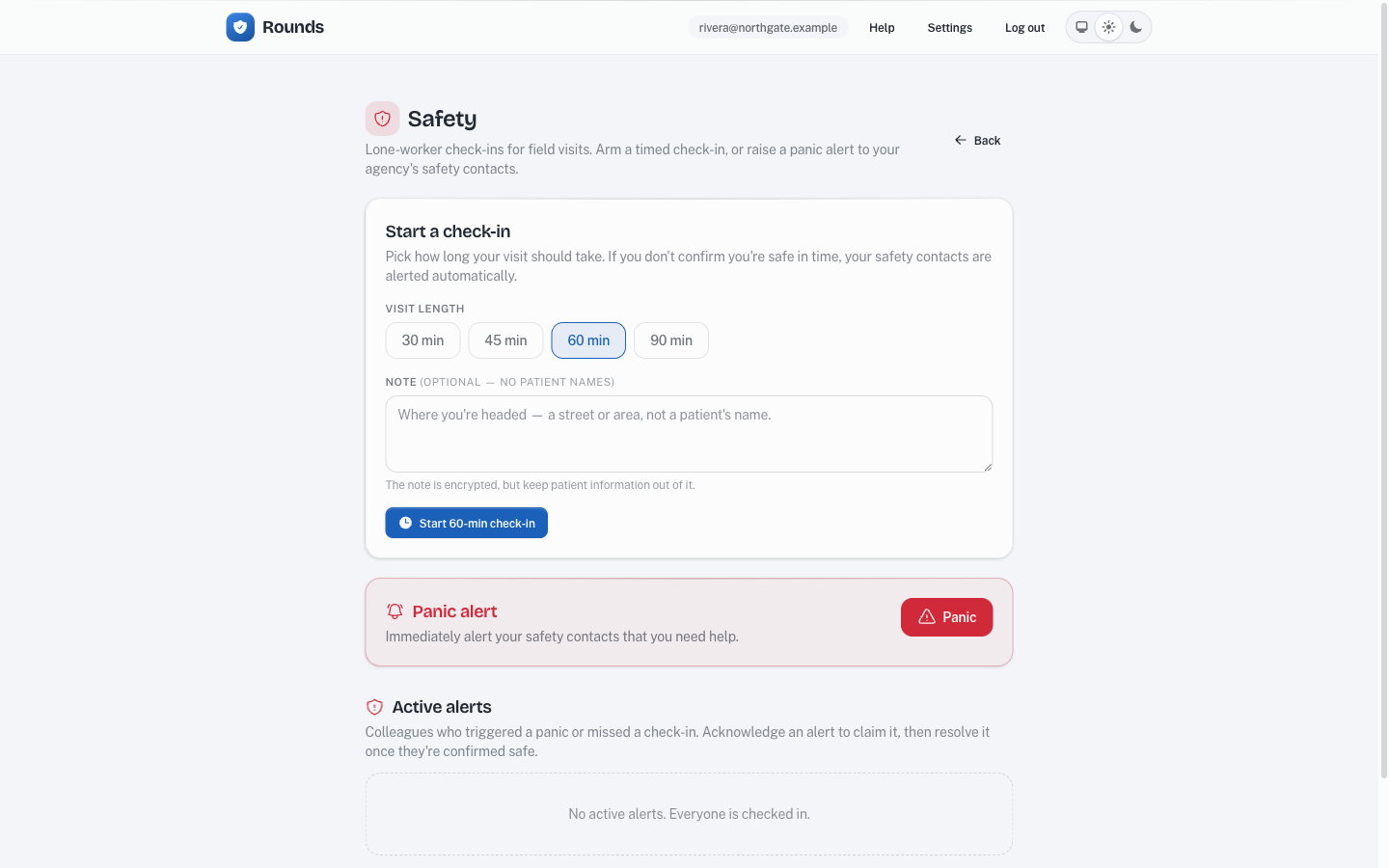 The Rounds Safety page Start a check-in panel, with visit-length options and an optional note field.