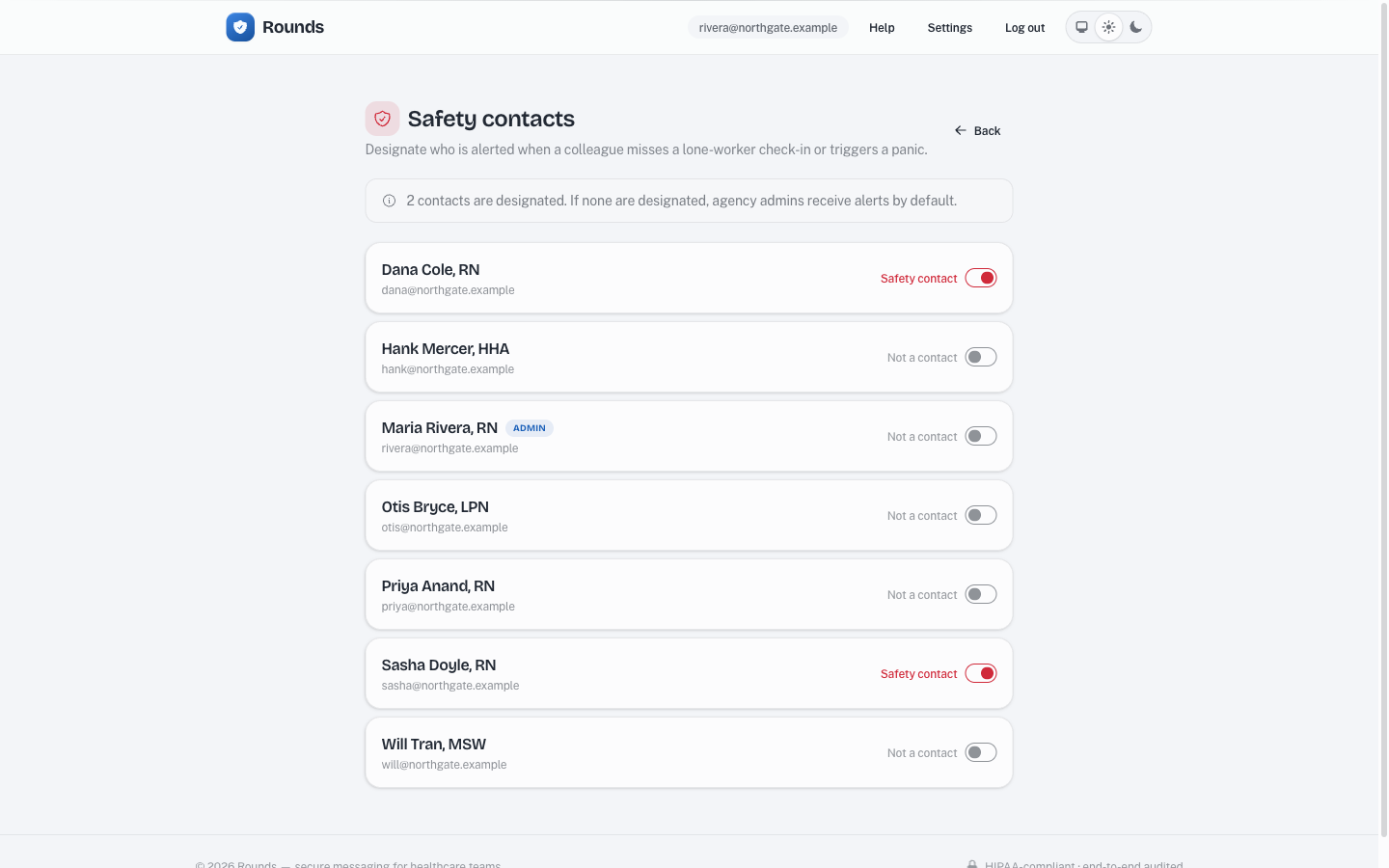 The Rounds safety-contacts page, listing agency staff each with a toggle to designate them as a safety contact.