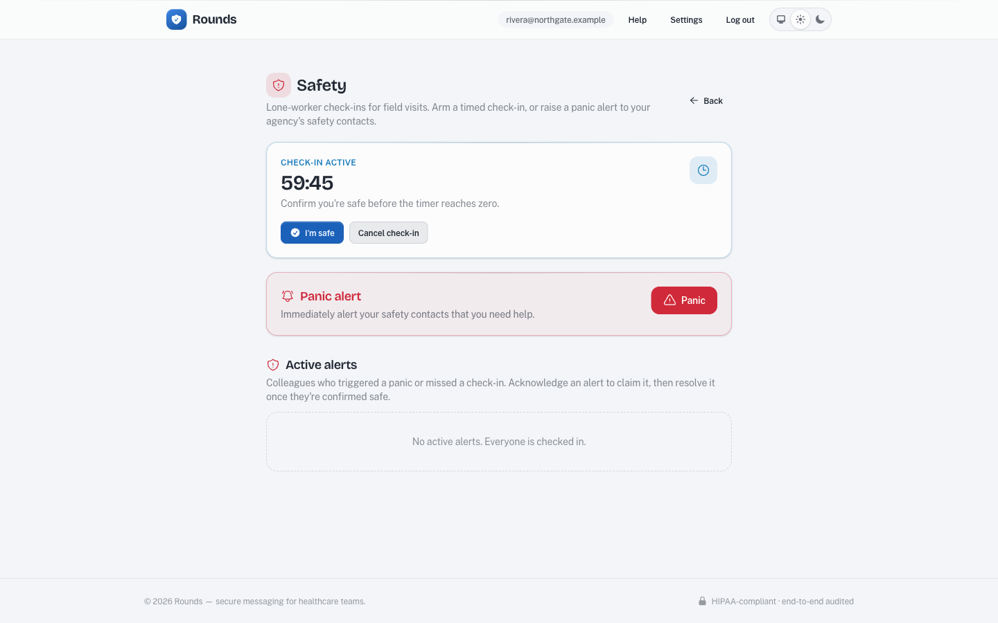The Rounds Safety page showing an active timed check-in counting down, with I'm safe and Cancel controls.