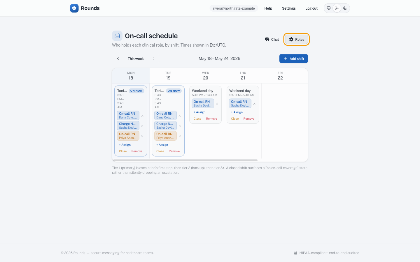 The Rounds schedule grid with the Roles button in the top-right highlighted.