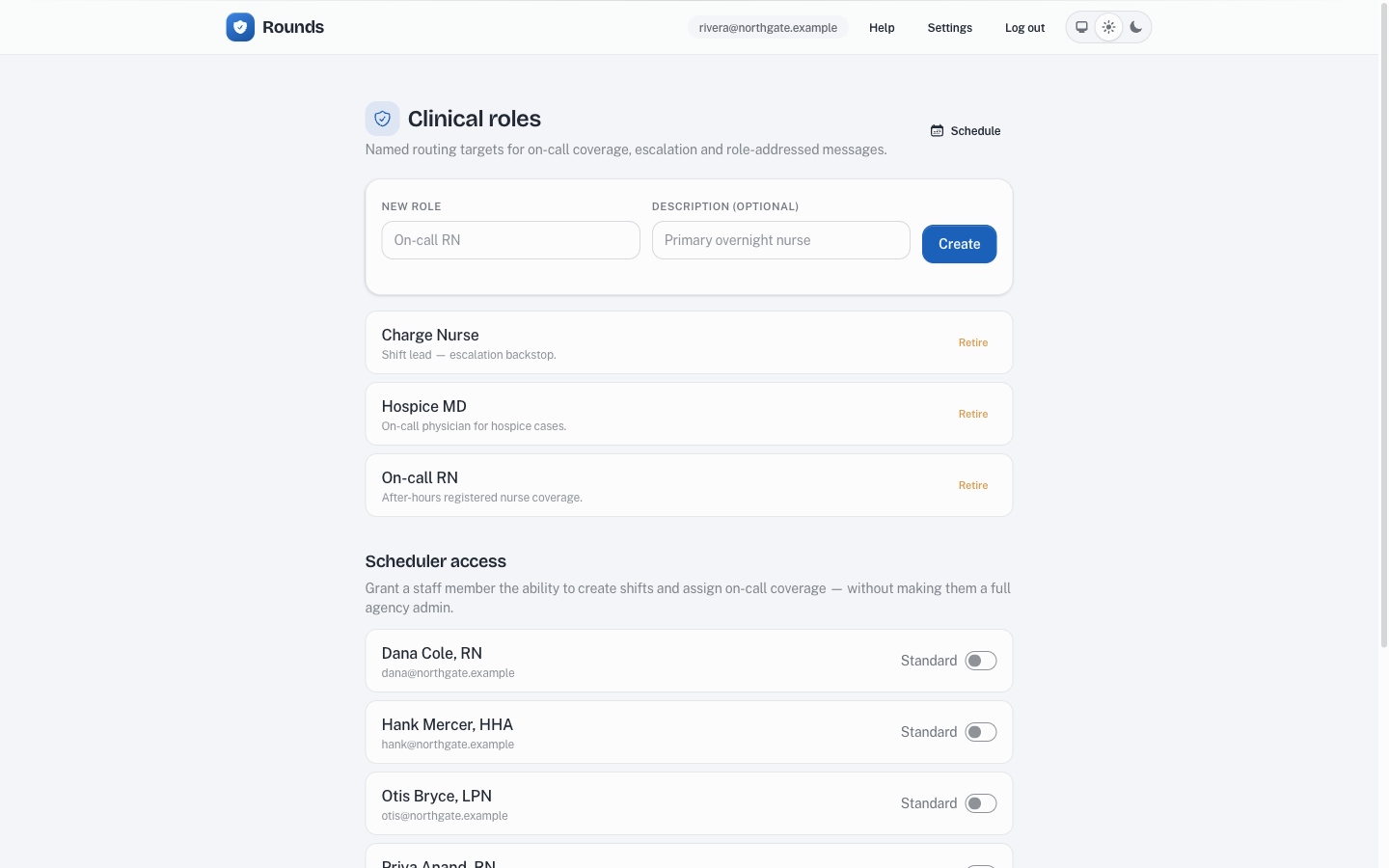 The Rounds Clinical roles settings page, listing roles and the scheduler-access toggles.