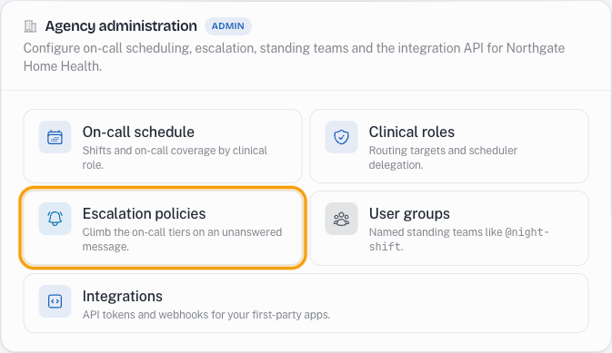 The Agency administration section of Rounds Settings, with the Escalation policies card highlighted.