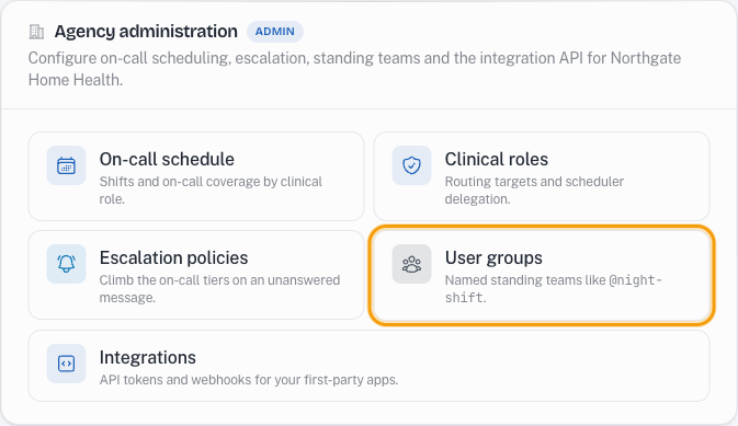 The Agency administration section of Rounds Settings, with the User groups card highlighted.
