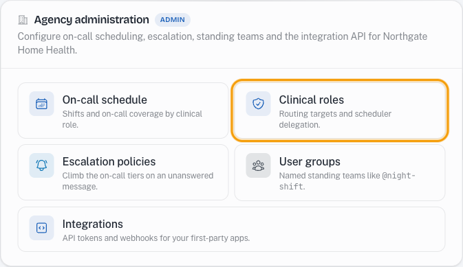 The Agency administration section of Rounds Settings, with the Clinical roles card highlighted.