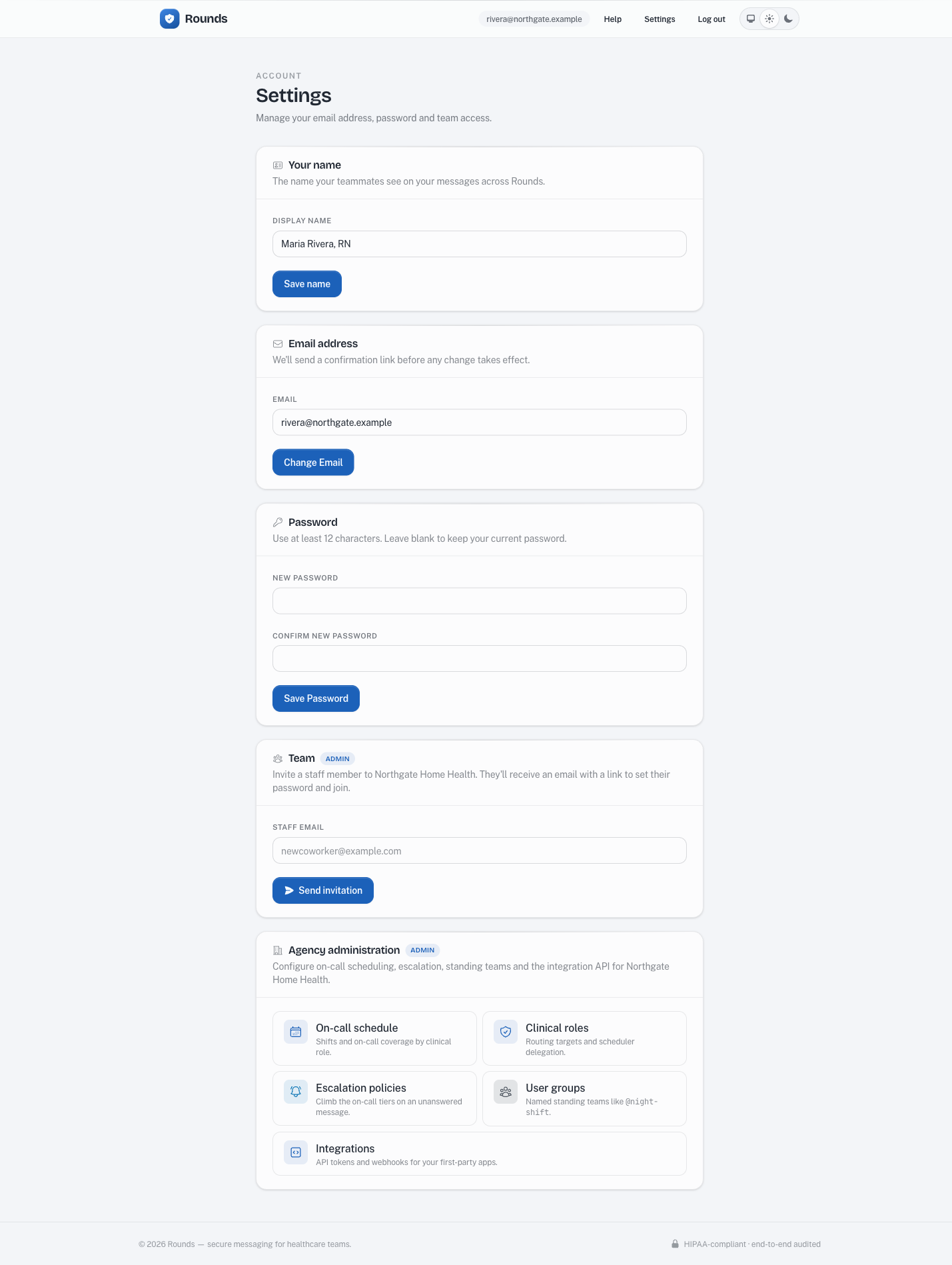 The Rounds Settings page, showing the Team panel and the Agency administration panel with its grid of configuration cards.