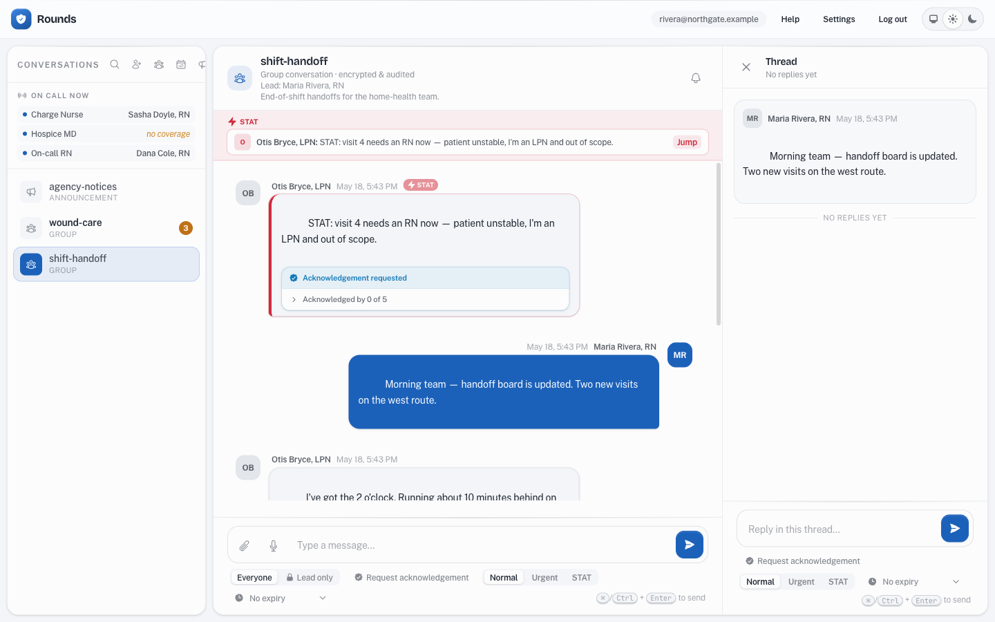 The Rounds thread panel open on the right of a conversation, showing the parent message and a reply composer.