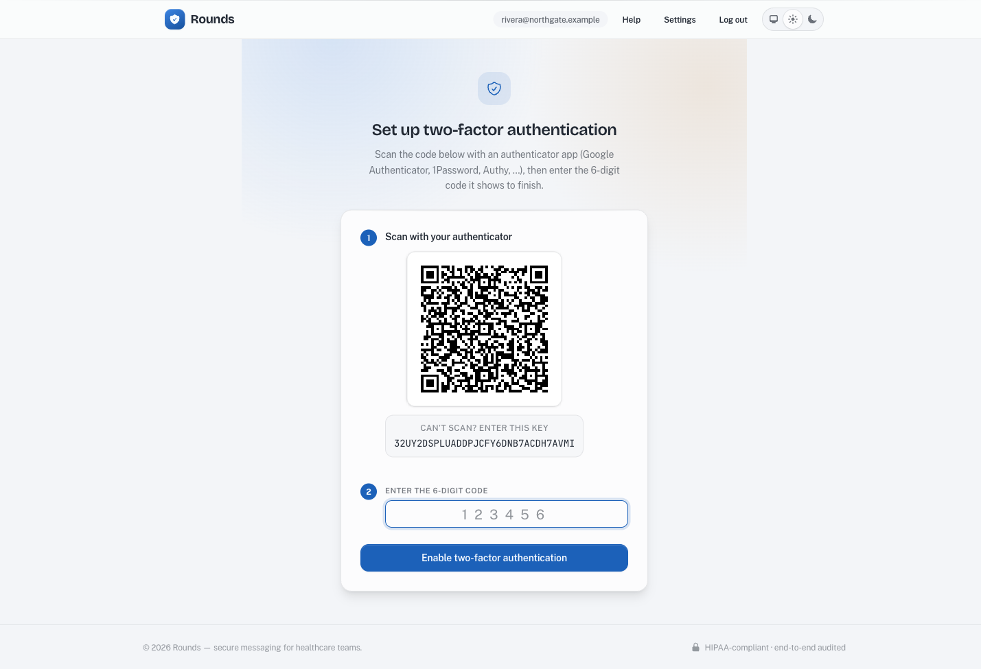 The Rounds two-factor setup screen with a QR code, a fallback setup key, and a six-digit code field.