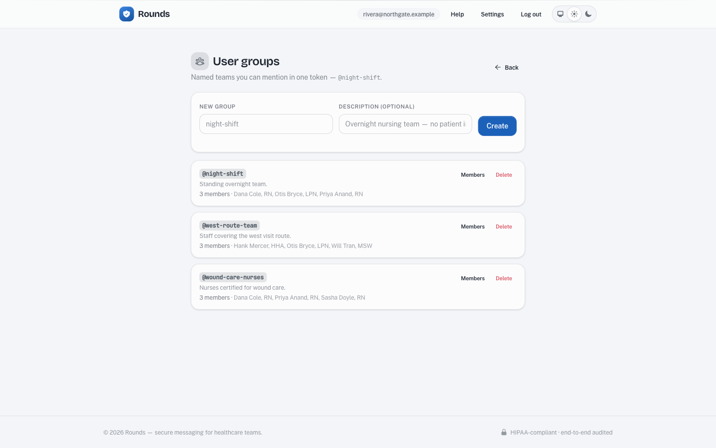 The Rounds user-groups page listing named staff groups with their member counts and a new-group form.