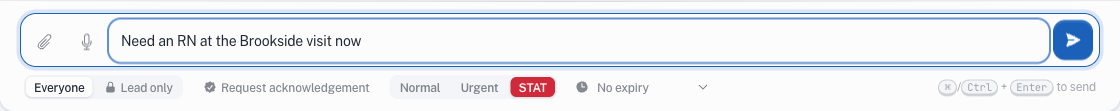 The Rounds message composer showing the Normal / Urgent / STAT priority selector.
