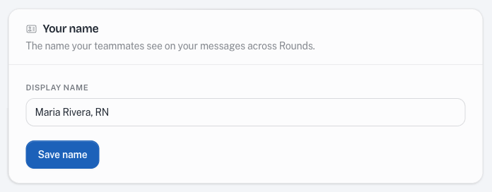 The Rounds settings card for editing your display name.