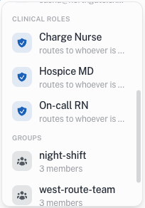 The Rounds composer @-autocomplete showing a Clinical roles section and a Groups section.